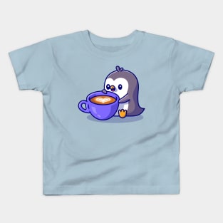 Cute Penguin Drinking Coffee Cartoon Kids T-Shirt